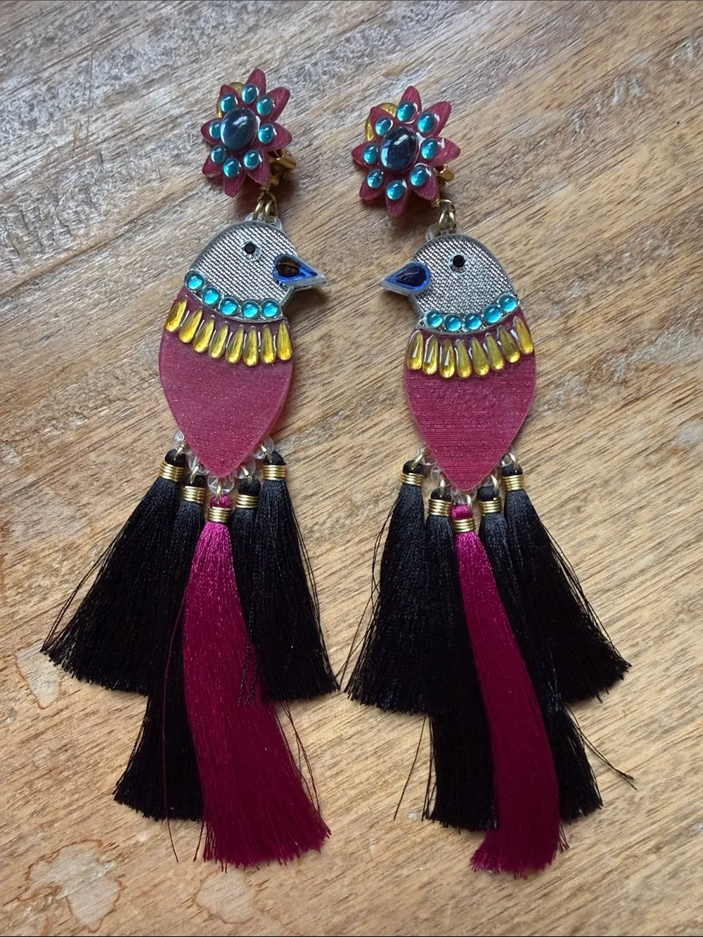 Mercedes Salazar Magenta and Black Bird Tassel Earrings with Gem Accents